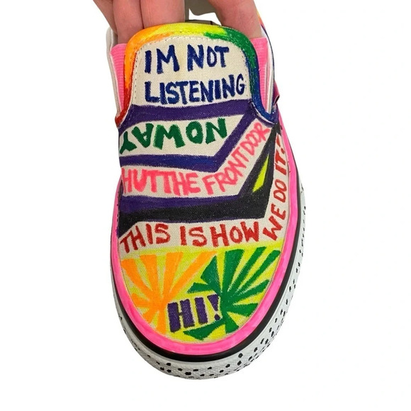 VANS Sneakers Custom Hand Drawn Graffiti Slide On Shoes Women 7.5 Men 6 Upcycled - Picture 6 of 16
